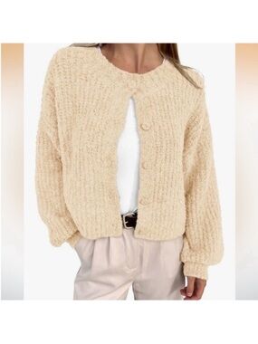 New Cream Boucle Button-Front Women's Sweater Cardigan
